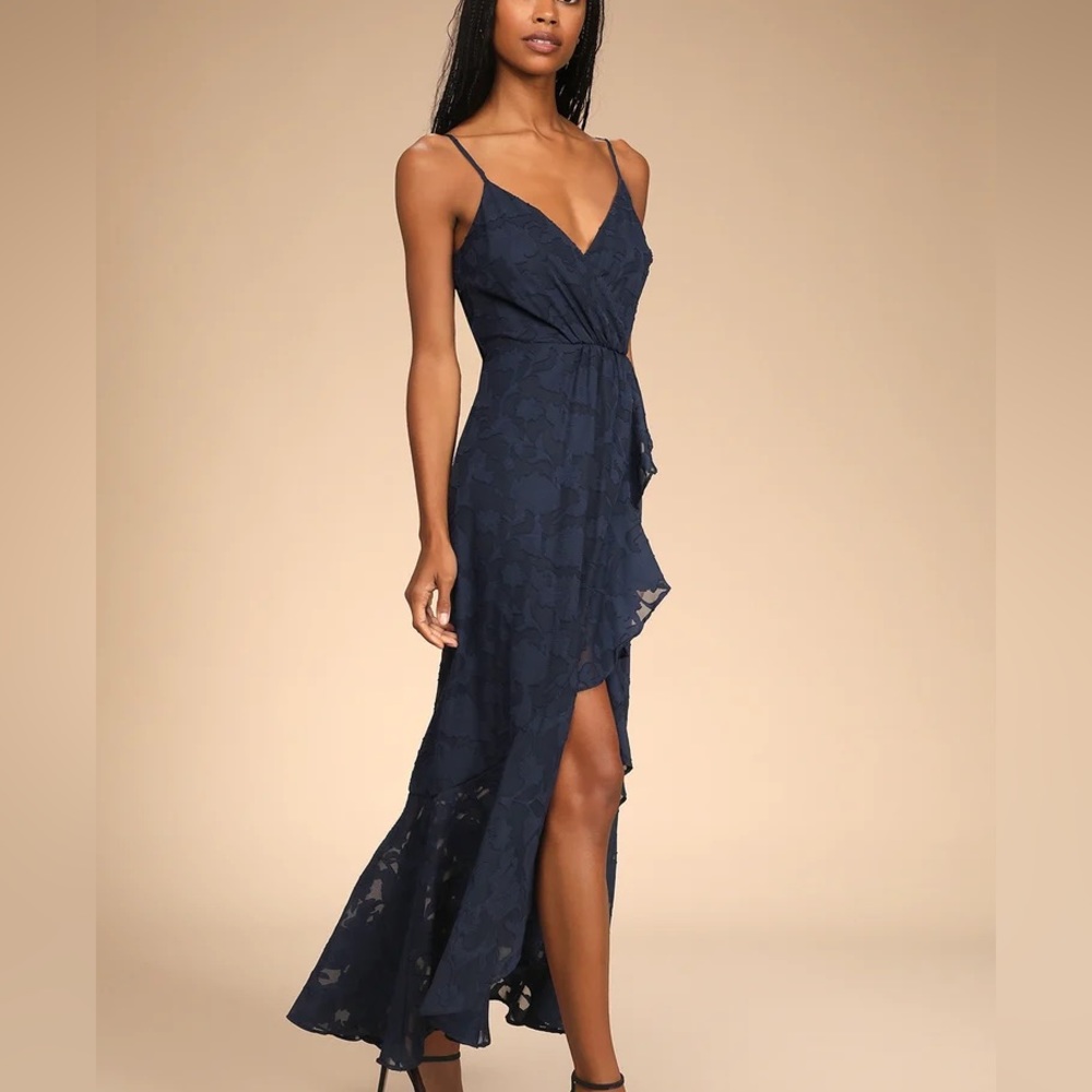 Near Your Heart Navy Blue Burnout Floral High-Low Dress